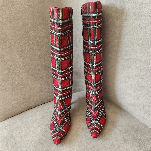 Alex Marie dress boots 7 red plaid OzaraTwo knee high kitten pointy new $190 - Picture 6 of 17